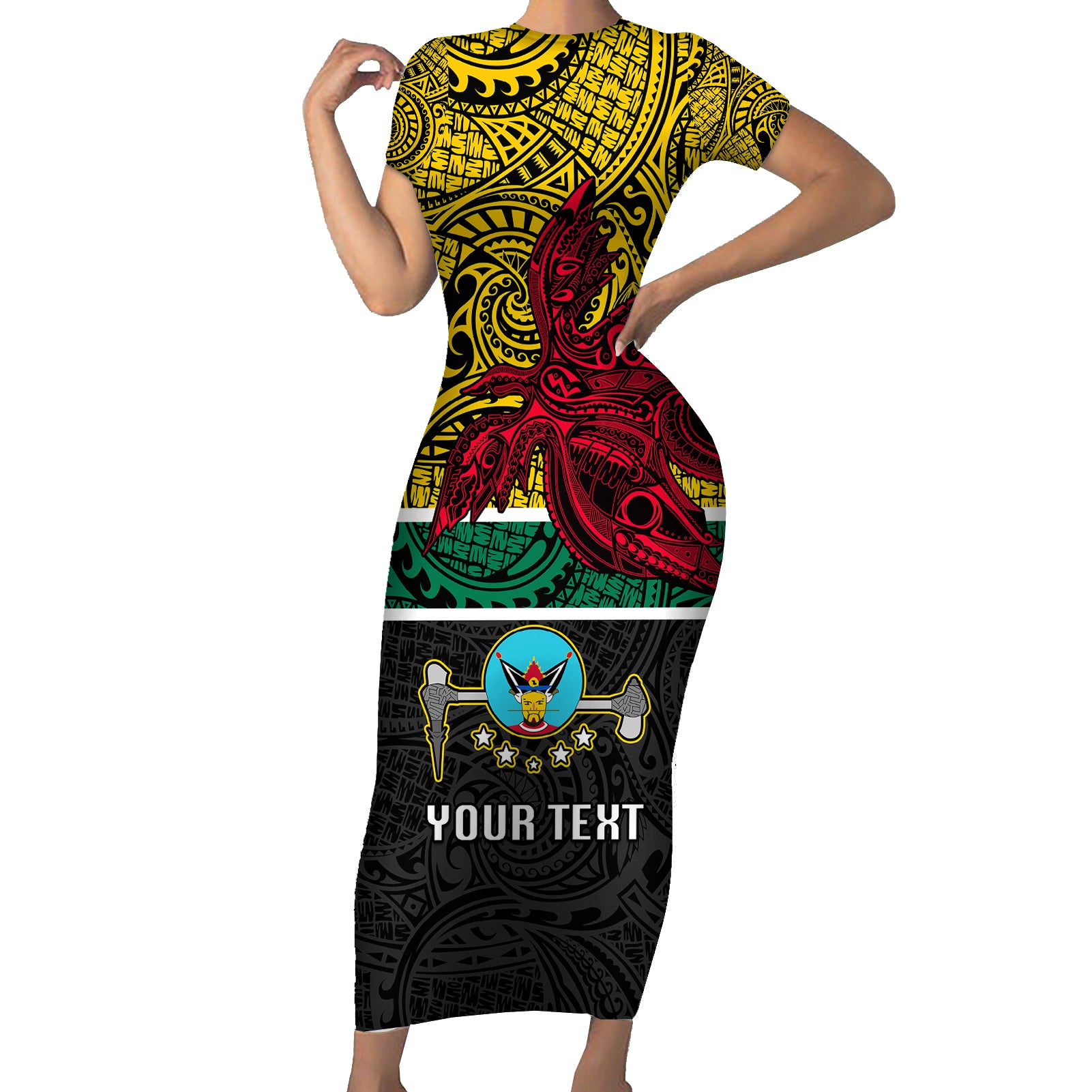 Personalised Papua New Guinea Hela Province Short Sleeve Bodycon Dress PNG Birds Of Paradise Polynesian Arty Style LT03 Long Dress Yellow - Polynesian Pride