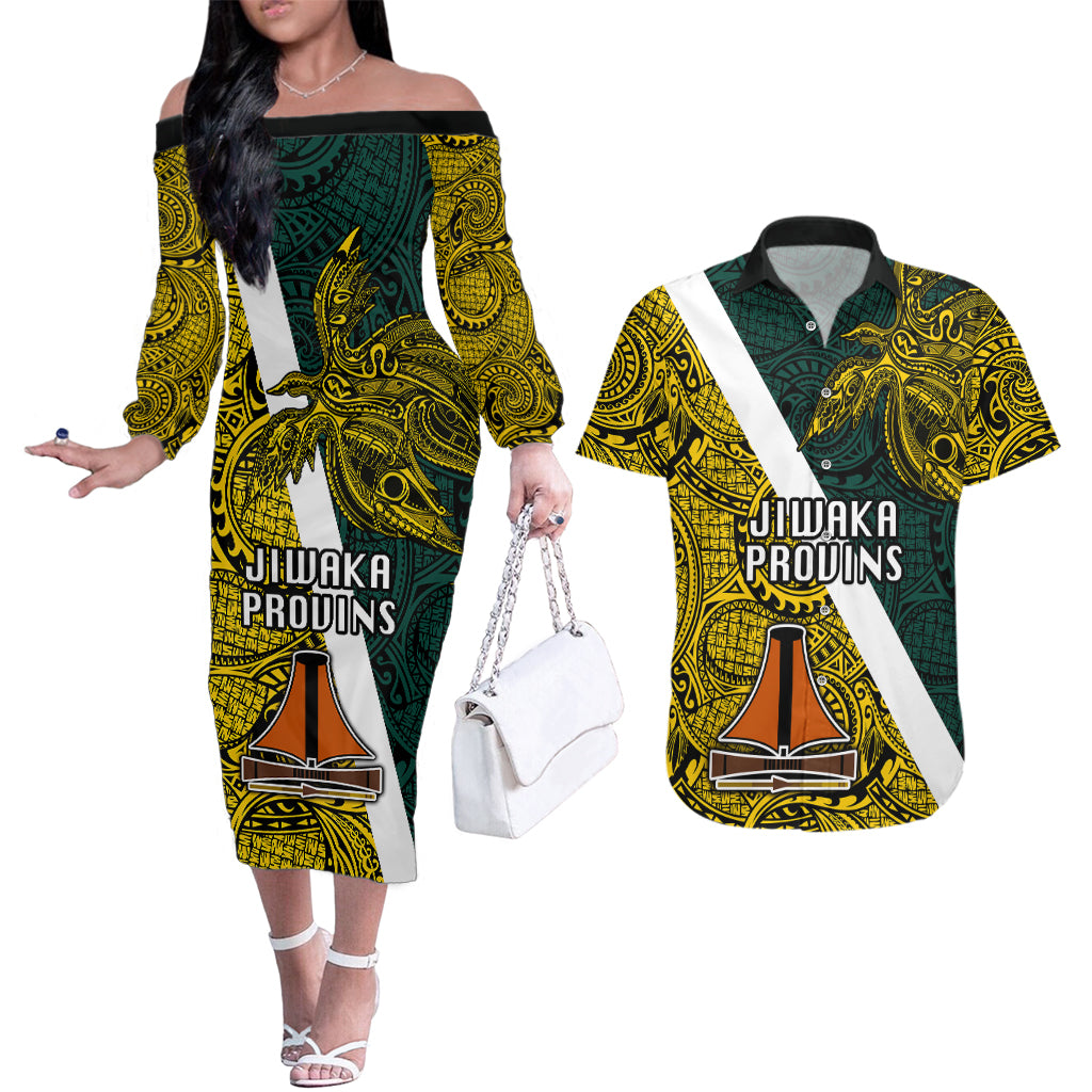 Papua New Guinea Jiwaka Province Couples Matching Off The Shoulder Long Sleeve Dress and Hawaiian Shirt PNG Birds Of Paradise Polynesian Arty Style LT03 Yellow - Polynesian Pride