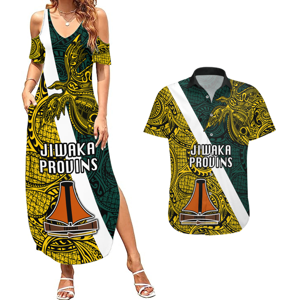 Papua New Guinea Jiwaka Province Couples Matching Summer Maxi Dress and Hawaiian Shirt PNG Birds Of Paradise Polynesian Arty Style LT03 Yellow - Polynesian Pride