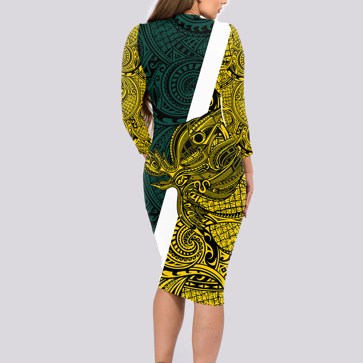 Papua New Guinea Jiwaka Province Long Sleeve Bodycon Dress PNG Birds Of Paradise Polynesian Arty Style LT03 - Polynesian Pride