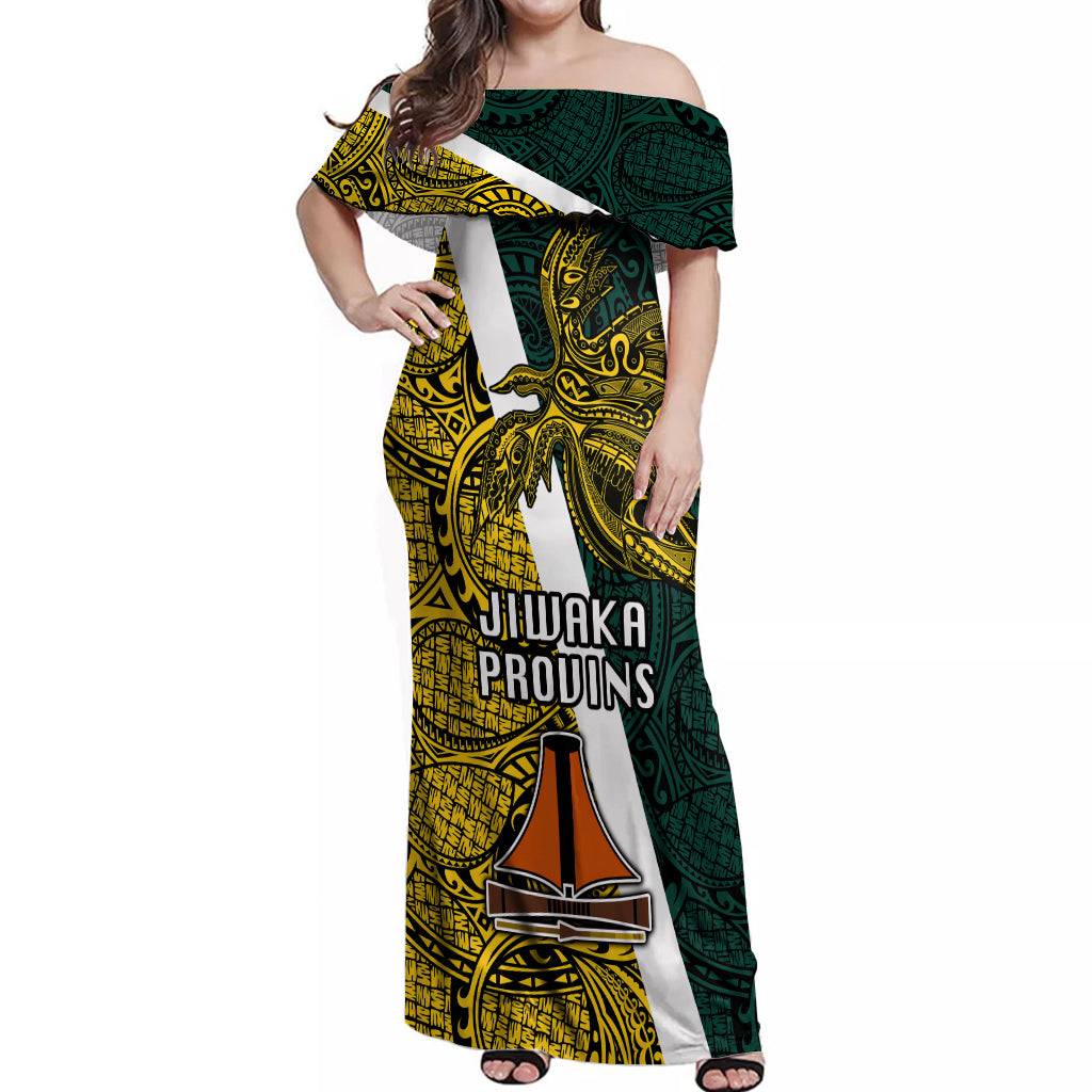 Papua New Guinea Jiwaka Province Off Shoulder Maxi Dress PNG Birds Of Paradise Polynesian Arty Style LT03 Women Yellow - Polynesian Pride