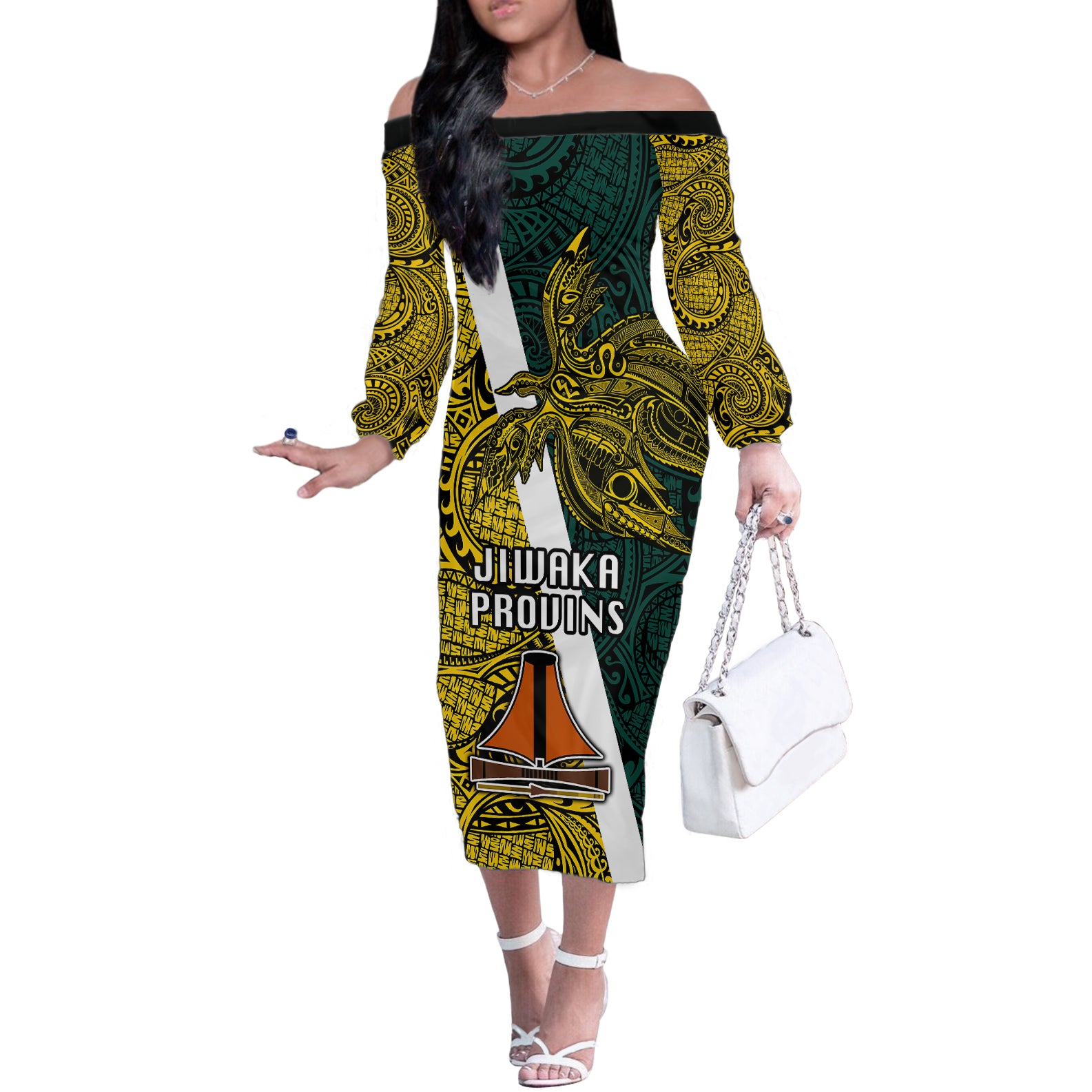 Papua New Guinea Jiwaka Province Off The Shoulder Long Sleeve Dress PNG Birds Of Paradise Polynesian Arty Style LT03 Women Yellow - Polynesian Pride