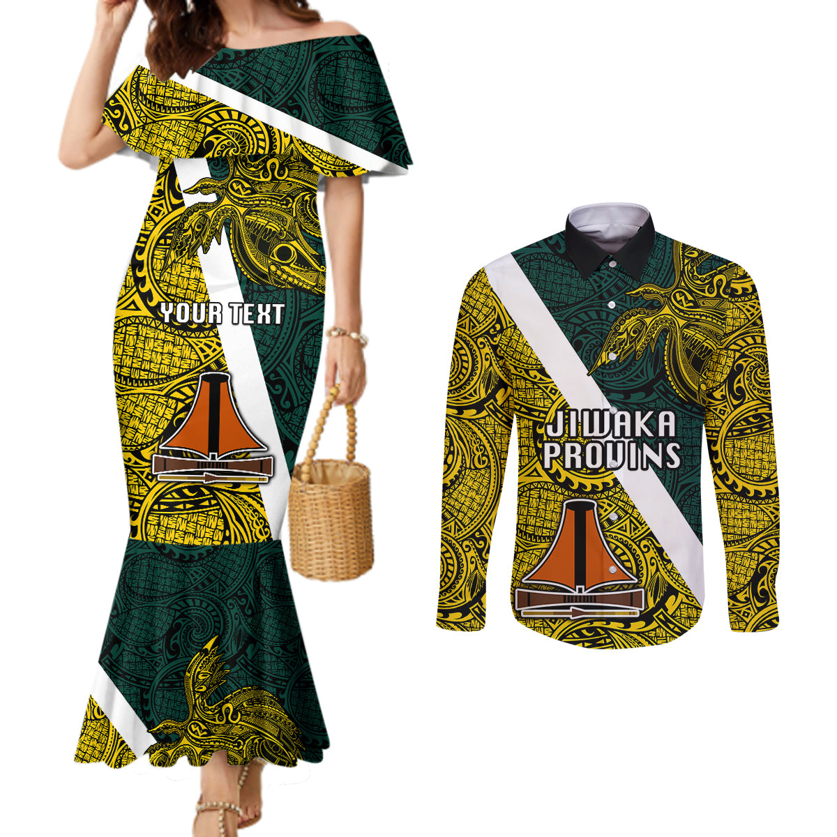 Personalised Papua New Guinea Jiwaka Province Couples Matching Mermaid Dress and Long Sleeve Button Shirts PNG Birds Of Paradise Polynesian Arty Style LT03 Yellow - Polynesian Pride