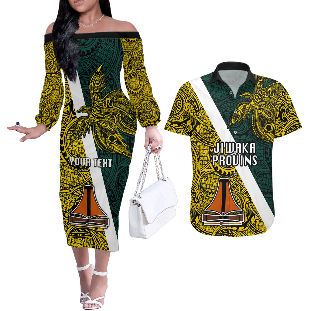 Personalised Papua New Guinea Jiwaka Province Couples Matching Off The Shoulder Long Sleeve Dress and Hawaiian Shirt PNG Birds Of Paradise Polynesian Arty Style LT03 Yellow - Polynesian Pride