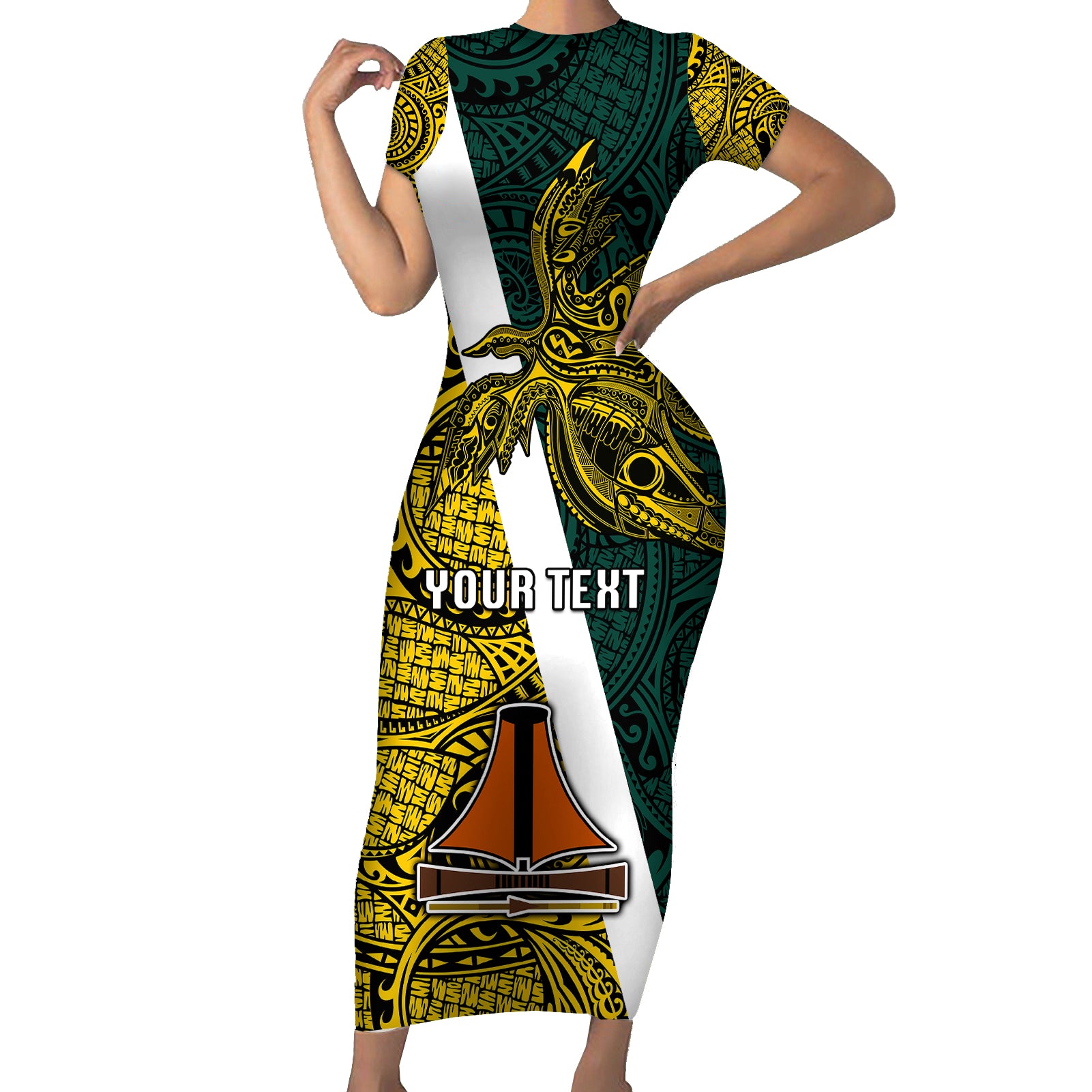 Personalised Papua New Guinea Jiwaka Province Short Sleeve Bodycon Dress PNG Birds Of Paradise Polynesian Arty Style LT03 Long Dress Yellow - Polynesian Pride