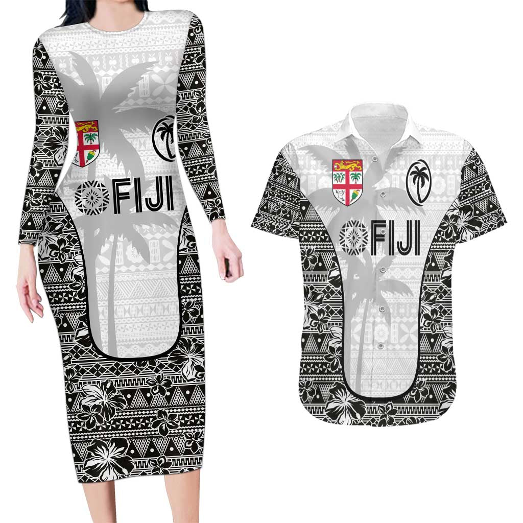 Custom Fiji Pacific Rugby 2024 Couples Matching Long Sleeve Bodycon Dress and Hawaiian Shirt Tapa Tribal and Fijian Masi Pattern