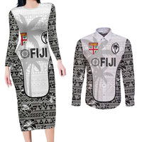 Custom Fiji Pacific Rugby 2024 Couples Matching Long Sleeve Bodycon Dress and Long Sleeve Button Shirt Tapa Tribal and Fijian Masi Pattern