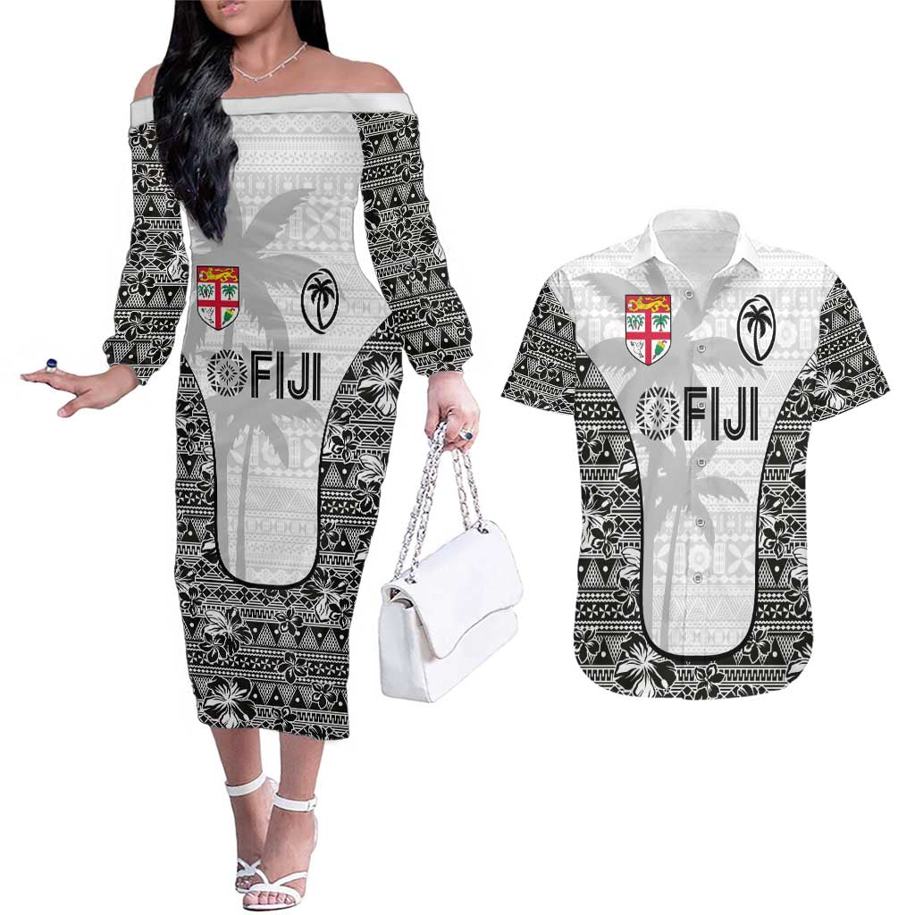 Custom Fiji Pacific Rugby 2024 Couples Matching Off The Shoulder Long Sleeve Dress and Hawaiian Shirt Tapa Tribal and Fijian Masi Pattern