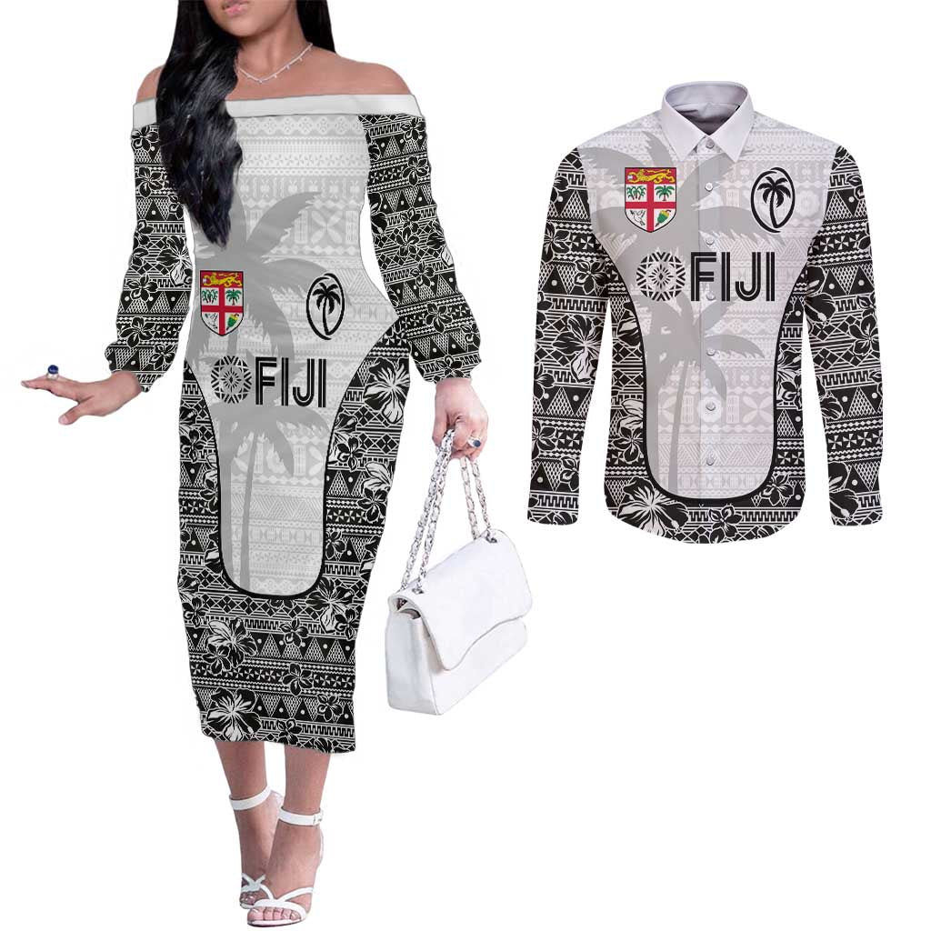 Custom Fiji Pacific Rugby 2024 Couples Matching Off The Shoulder Long Sleeve Dress and Long Sleeve Button Shirt Tapa Tribal and Fijian Masi Pattern