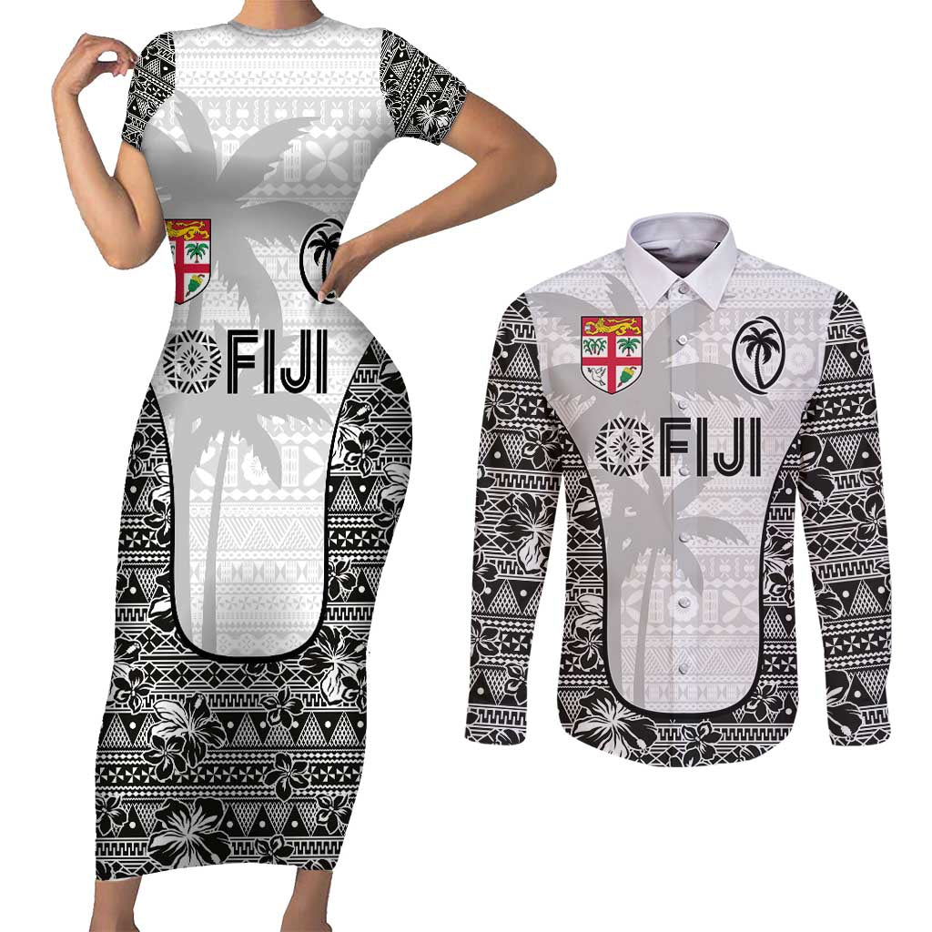 Custom Fiji Pacific Rugby 2024 Couples Matching Short Sleeve Bodycon Dress and Long Sleeve Button Shirt Tapa Tribal and Fijian Masi Pattern