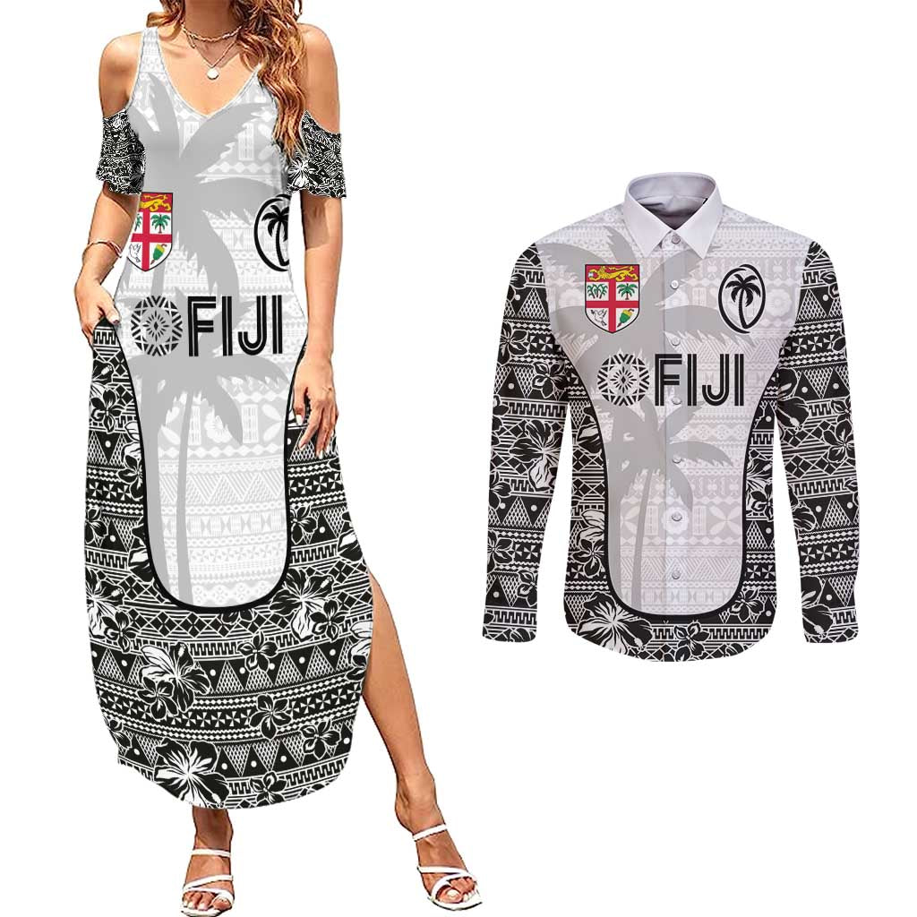 Custom Fiji Pacific Rugby 2024 Couples Matching Summer Maxi Dress and Long Sleeve Button Shirt Tapa Tribal and Fijian Masi Pattern