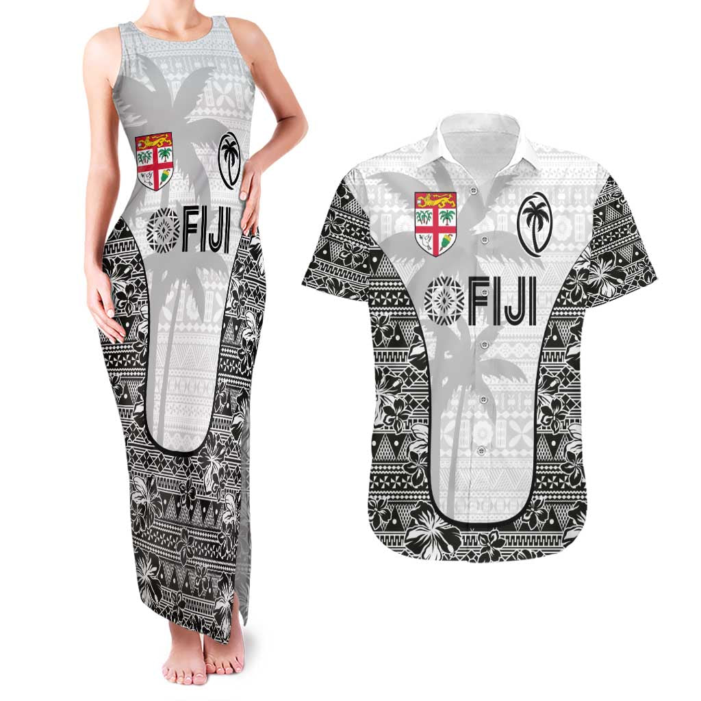 Custom Fiji Pacific Rugby 2024 Couples Matching Tank Maxi Dress and Hawaiian Shirt Tapa Tribal and Fijian Masi Pattern