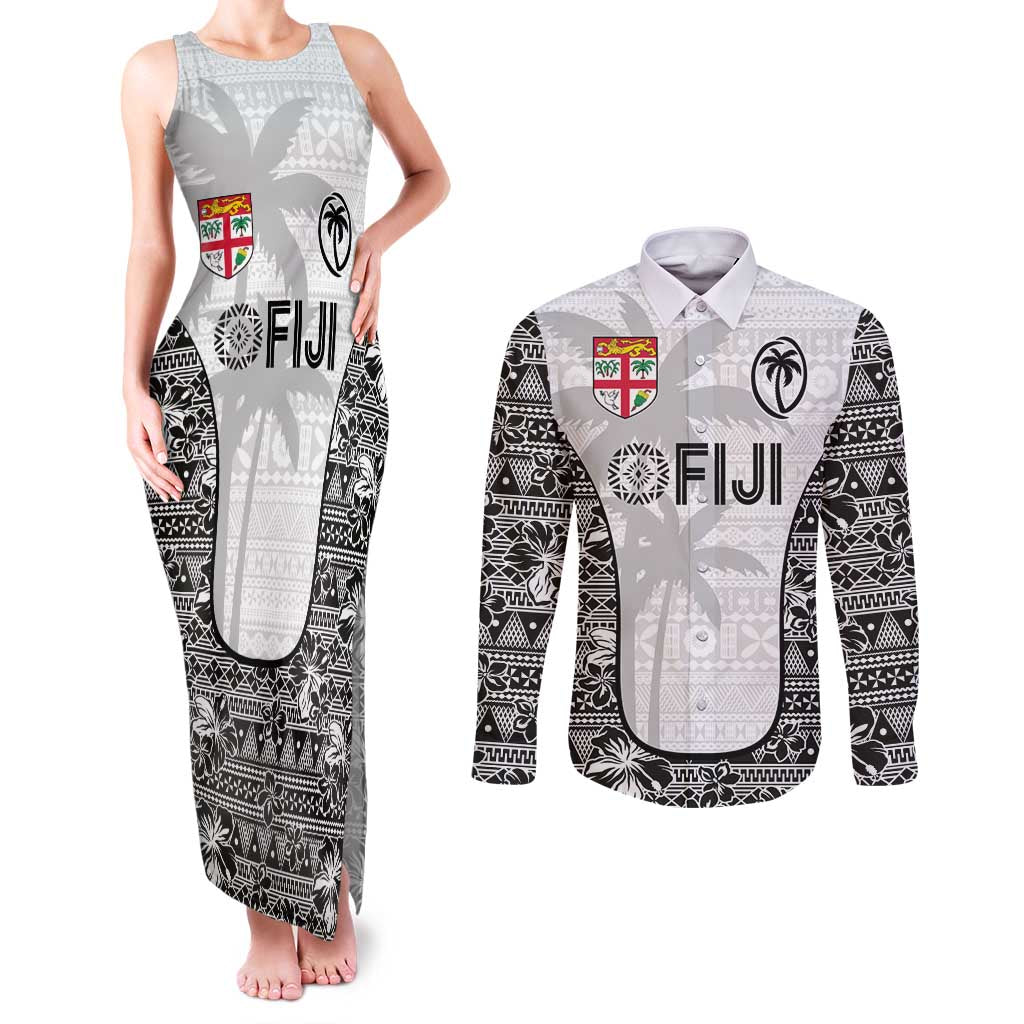 Custom Fiji Pacific Rugby 2024 Couples Matching Tank Maxi Dress and Long Sleeve Button Shirt Tapa Tribal and Fijian Masi Pattern