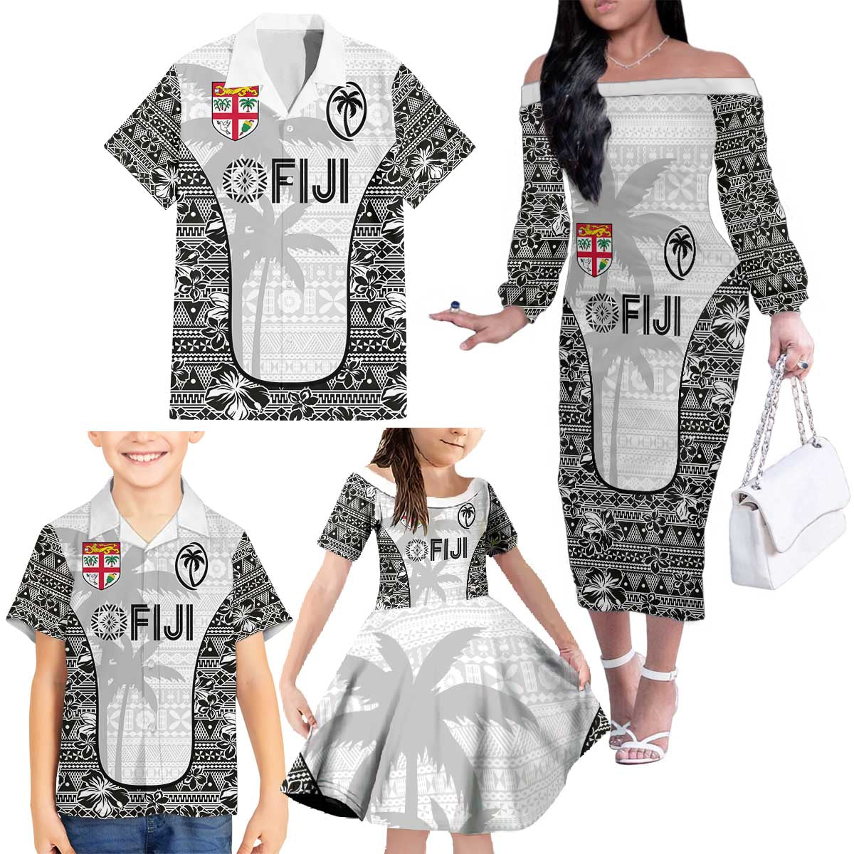 Custom Fiji Pacific Rugby 2024 Family Matching Off The Shoulder Long Sleeve Dress and Hawaiian Shirt Tapa Tribal and Fijian Masi Pattern