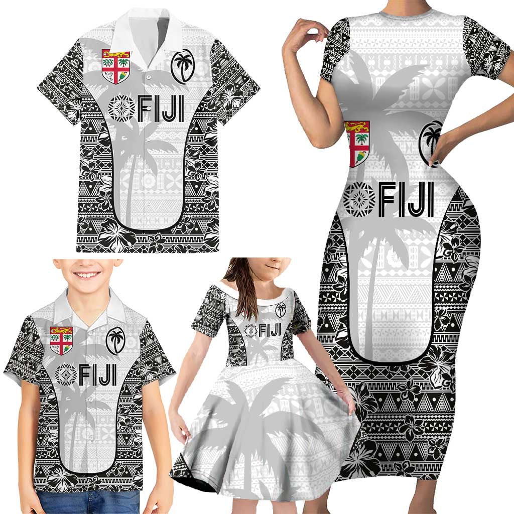 Custom Fiji Pacific Rugby 2024 Family Matching Short Sleeve Bodycon Dress and Hawaiian Shirt Tapa Tribal and Fijian Masi Pattern