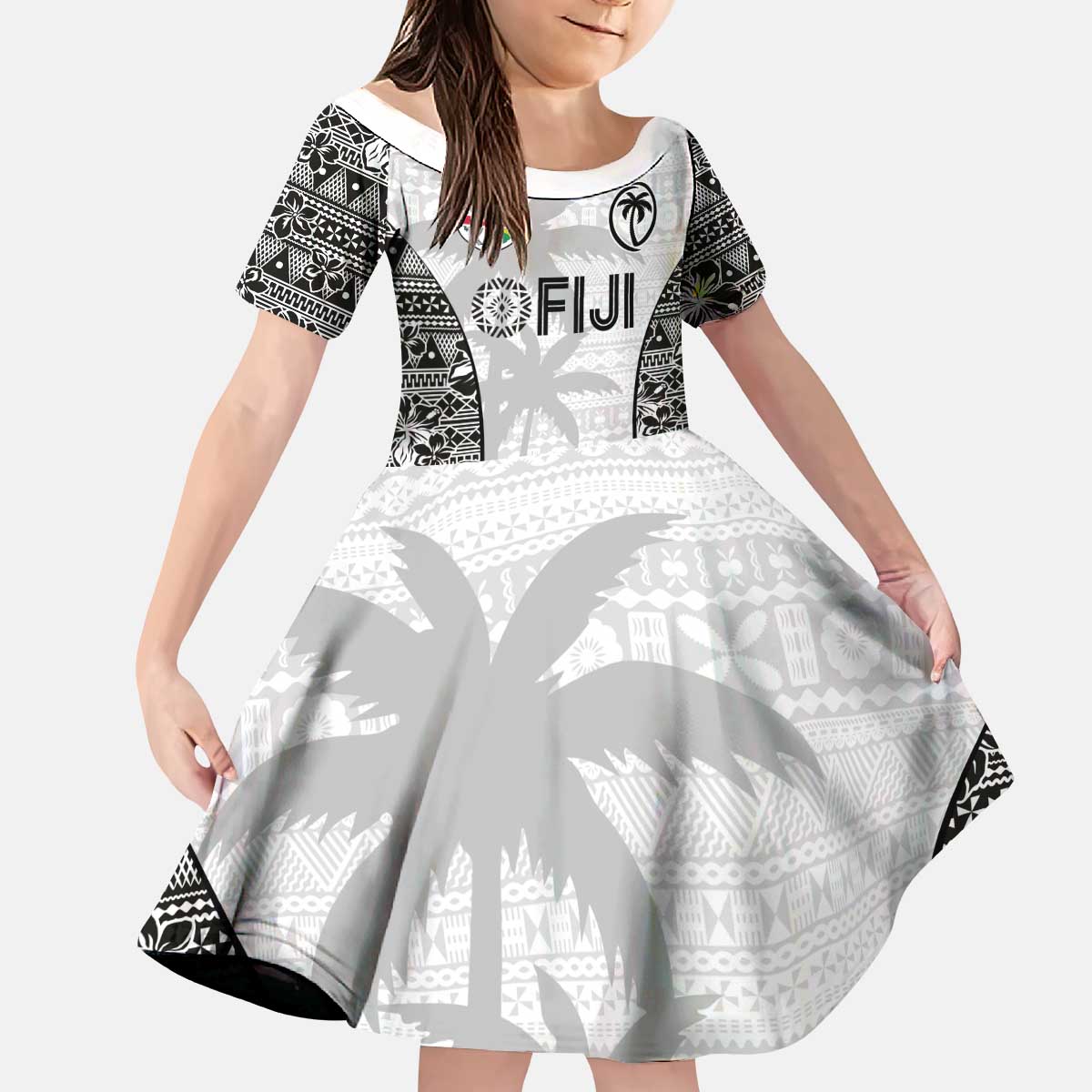 Custom Fiji Pacific Rugby 2024 Kid Short Sleeve Dress Tapa Tribal and Fijian Masi Pattern
