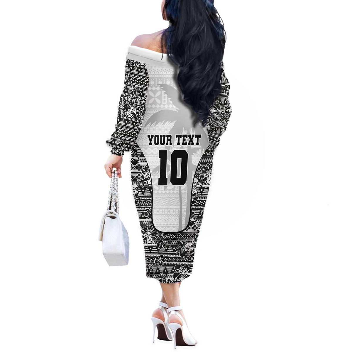 Custom Fiji Pacific Rugby 2024 Off The Shoulder Long Sleeve Dress Tapa Tribal and Fijian Masi Pattern