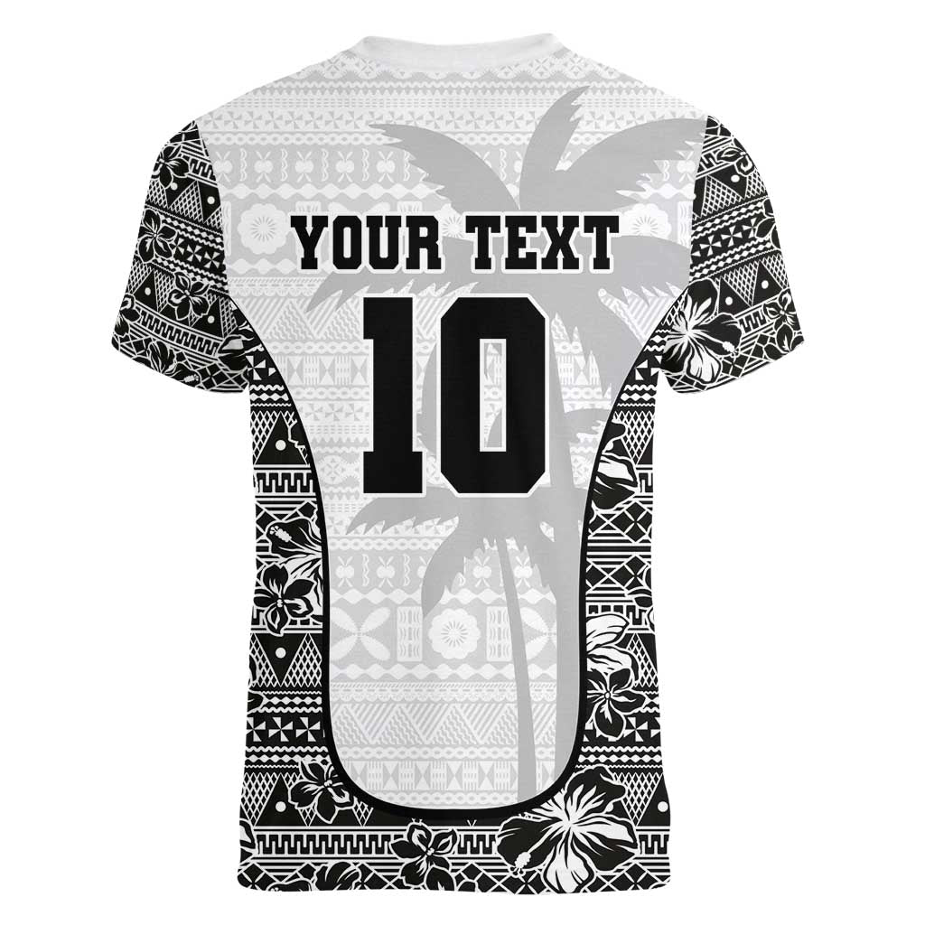 Custom Fiji Pacific Rugby 2024 Women V-Neck T-Shirt Tapa Tribal and Fijian Masi Pattern