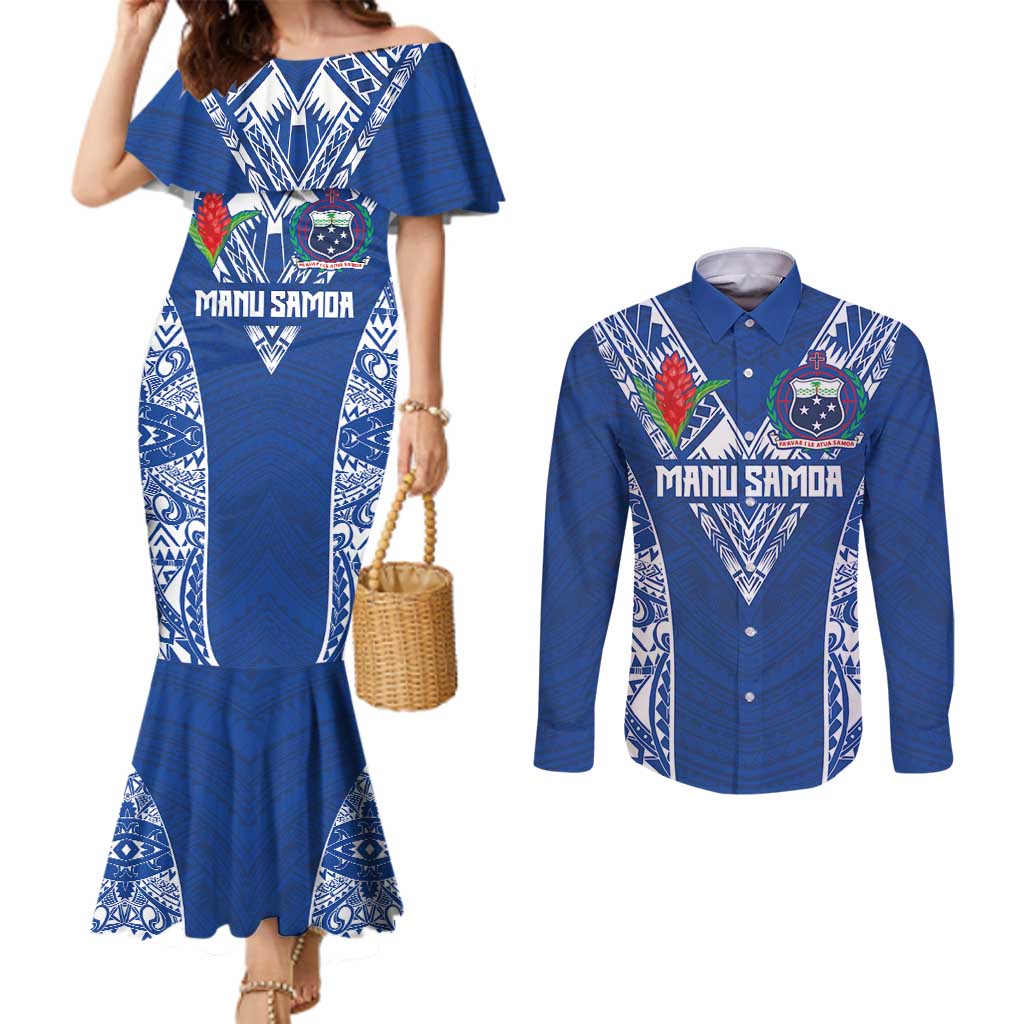 Custom Samoa Pacific Rugby 2024 Couples Matching Mermaid Dress and Long Sleeve Button Shirt Polynesian Pacific Tribal Pattern