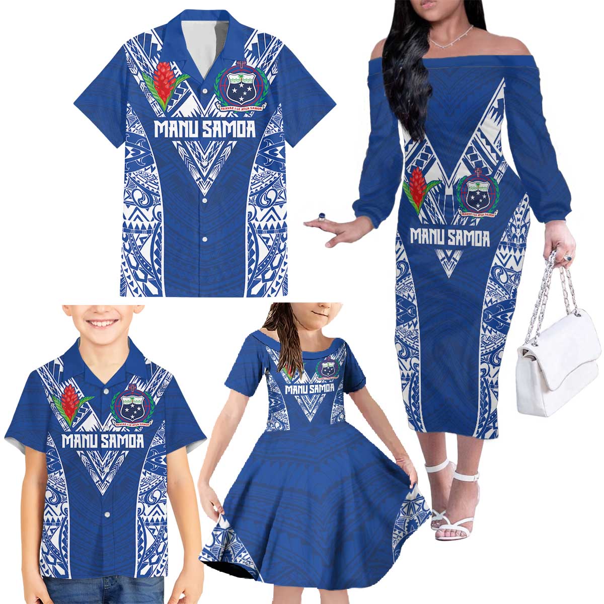 Custom Samoa Pacific Rugby 2024 Family Matching Off The Shoulder Long Sleeve Dress and Hawaiian Shirt Polynesian Pacific Tribal Pattern