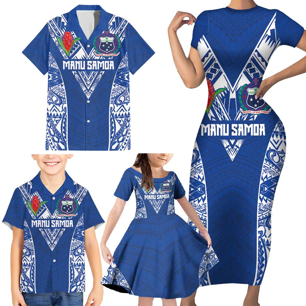 Custom Samoa Pacific Rugby 2024 Family Matching Short Sleeve Bodycon Dress and Hawaiian Shirt Polynesian Pacific Tribal Pattern