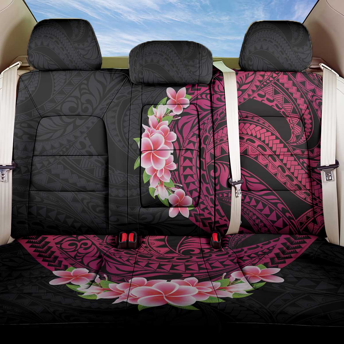 Hawaiian Tropical Plumeria Art Polynesian Tattoo Back Car Seat Cover Black and Bright Pink Color