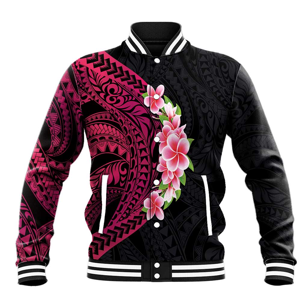 Hawaiian Tropical Plumeria Art Polynesian Tattoo Baseball Jacket Black and Bright Pink Color LT03 Unisex Pink - Polynesian Pride