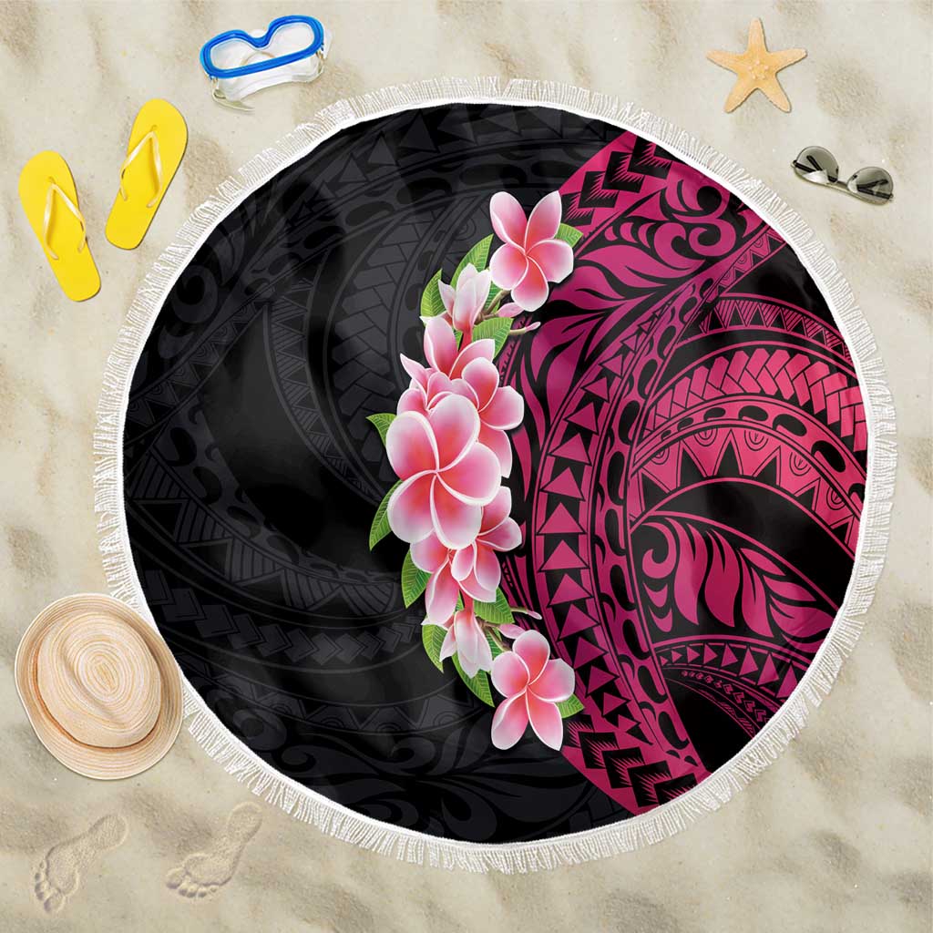 Hawaiian Tropical Plumeria Art Polynesian Tattoo Beach Blanket Black and Bright Pink Color LT03 One Size 150cm Pink - Polynesian Pride
