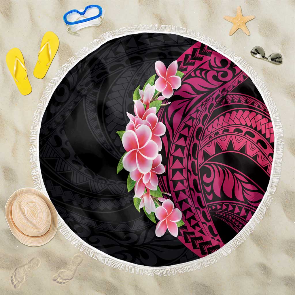 Hawaiian Tropical Plumeria Art Polynesian Tattoo Beach Blanket Black and Bright Pink Color