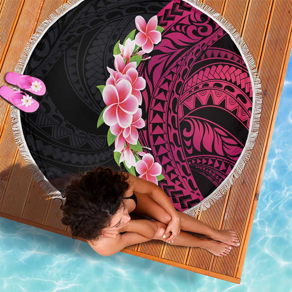 Hawaiian Tropical Plumeria Art Polynesian Tattoo Beach Blanket Black and Bright Pink Color LT03 - Polynesian Pride
