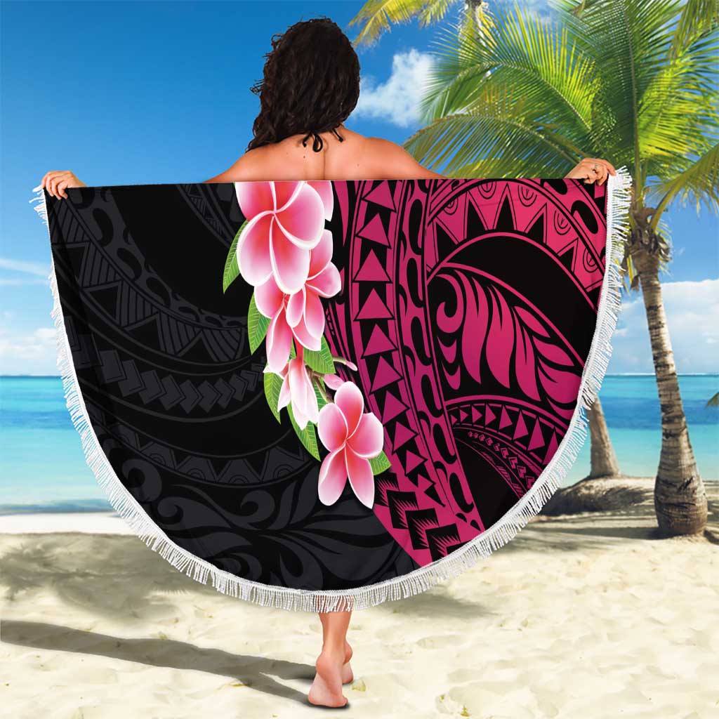 Hawaiian Tropical Plumeria Art Polynesian Tattoo Beach Blanket Black and Bright Pink Color LT03 - Polynesian Pride