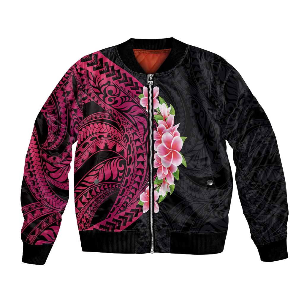 Hawaiian Tropical Plumeria Art Polynesian Tattoo Bomber Jacket Black and Bright Pink Color