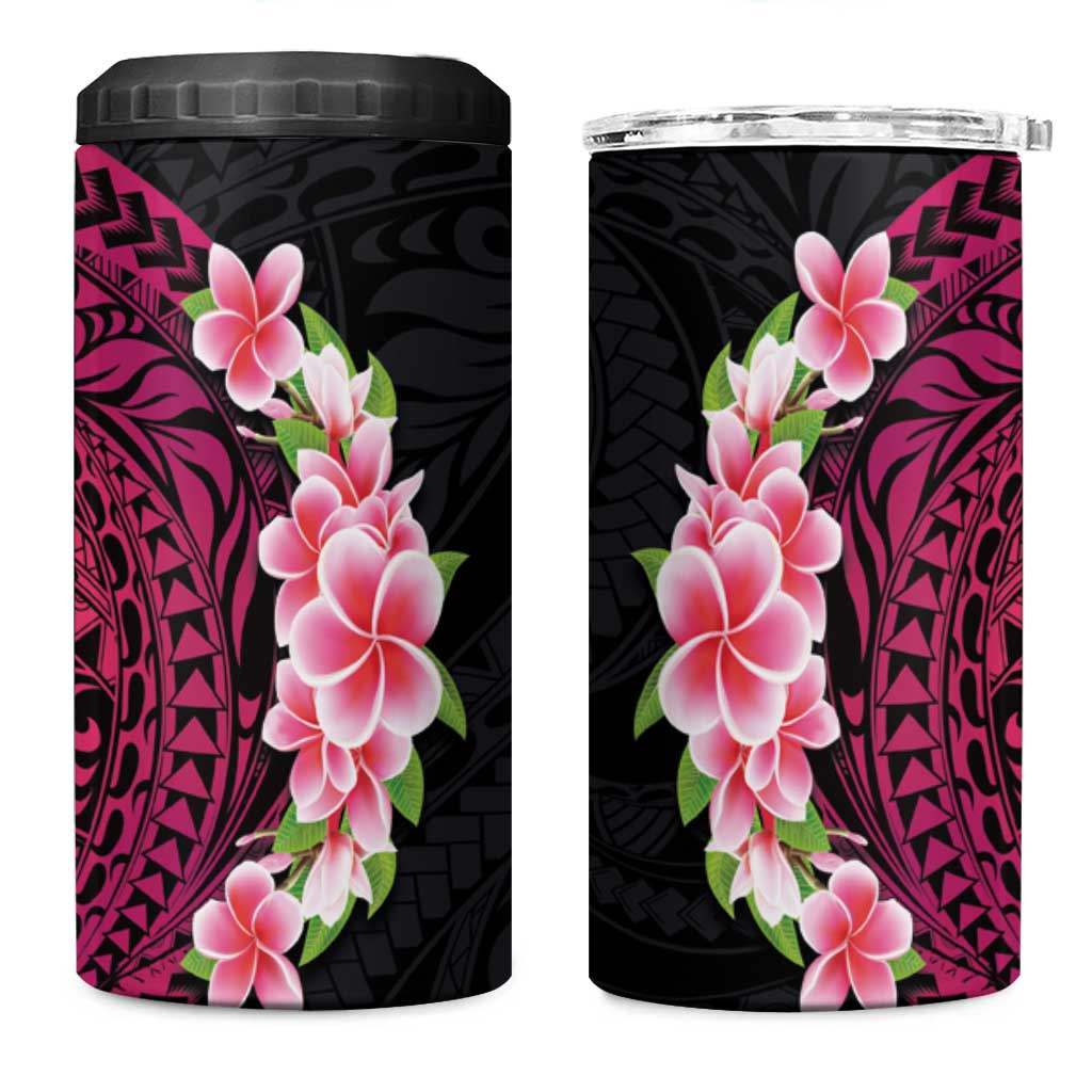 Hawaiian Tropical Plumeria Art Polynesian Tattoo 4 in 1 Can Cooler Tumbler Black and Bright Pink Color