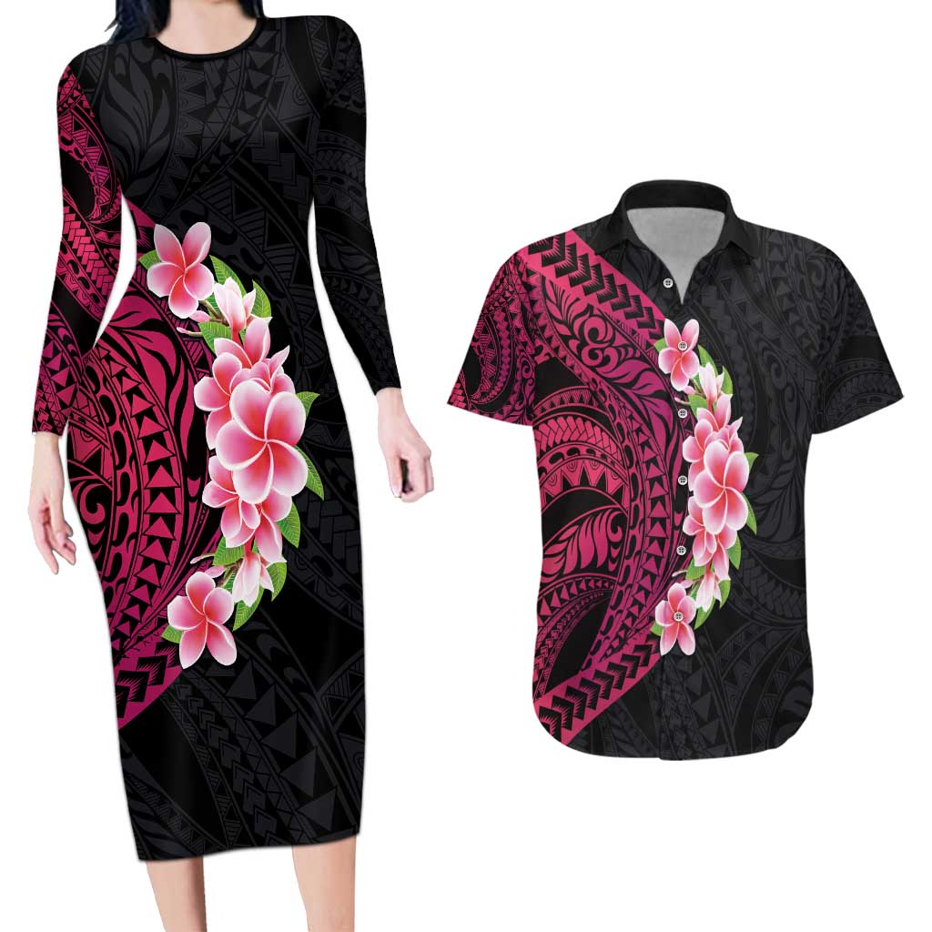 Hawaiian Tropical Plumeria Art Polynesian Tattoo Couples Matching Long Sleeve Bodycon Dress and Hawaiian Shirt Black and Bright Pink Color