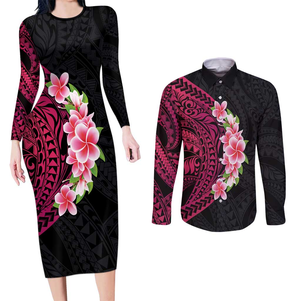 Hawaiian Tropical Plumeria Art Polynesian Tattoo Couples Matching Long Sleeve Bodycon Dress and Long Sleeve Button Shirt Black and Bright Pink Color