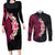 Hawaiian Tropical Plumeria Art Polynesian Tattoo Couples Matching Long Sleeve Bodycon Dress and Long Sleeve Button Shirt Black and Bright Pink Color