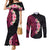 Hawaiian Tropical Plumeria Art Polynesian Tattoo Couples Matching Mermaid Dress and Long Sleeve Button Shirt Black and Bright Pink Color