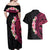 Hawaiian Tropical Plumeria Art Polynesian Tattoo Couples Matching Off Shoulder Maxi Dress and Hawaiian Shirt Black and Bright Pink Color