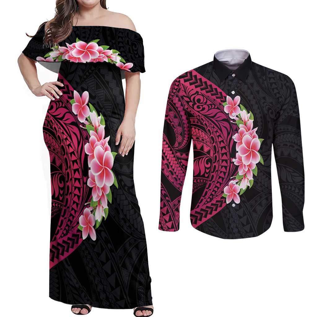 Hawaiian Tropical Plumeria Art Polynesian Tattoo Couples Matching Off Shoulder Maxi Dress and Long Sleeve Button Shirt Black and Bright Pink Color LT03 Pink - Polynesian Pride
