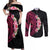 Hawaiian Tropical Plumeria Art Polynesian Tattoo Couples Matching Off Shoulder Maxi Dress and Long Sleeve Button Shirt Black and Bright Pink Color