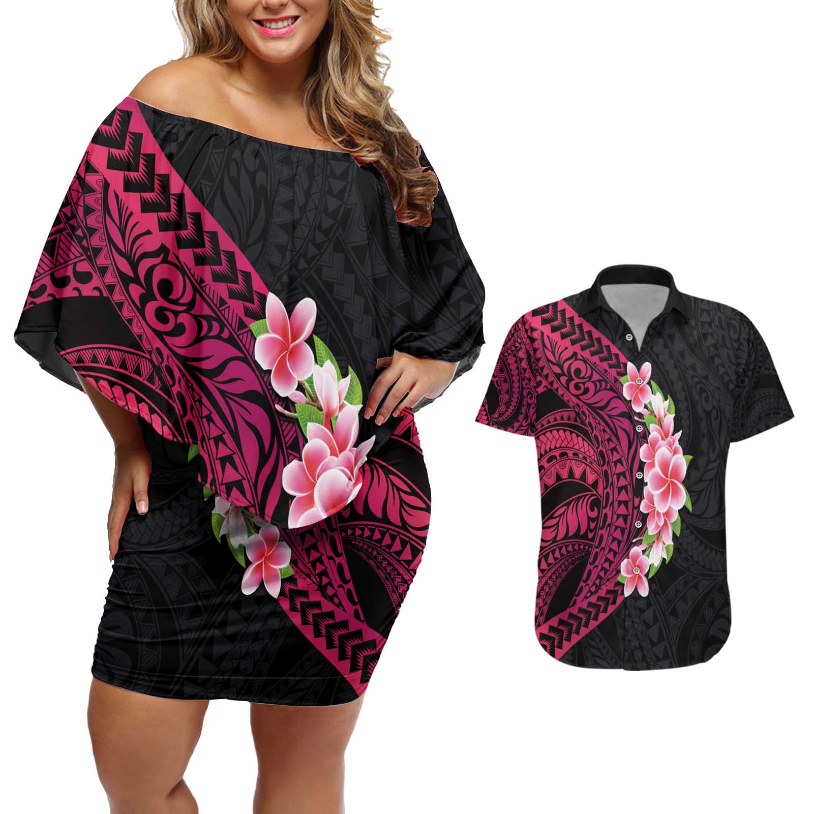 Hawaiian Tropical Plumeria Art Polynesian Tattoo Couples Matching Off Shoulder Short Dress and Hawaiian Shirt Black and Bright Pink Color