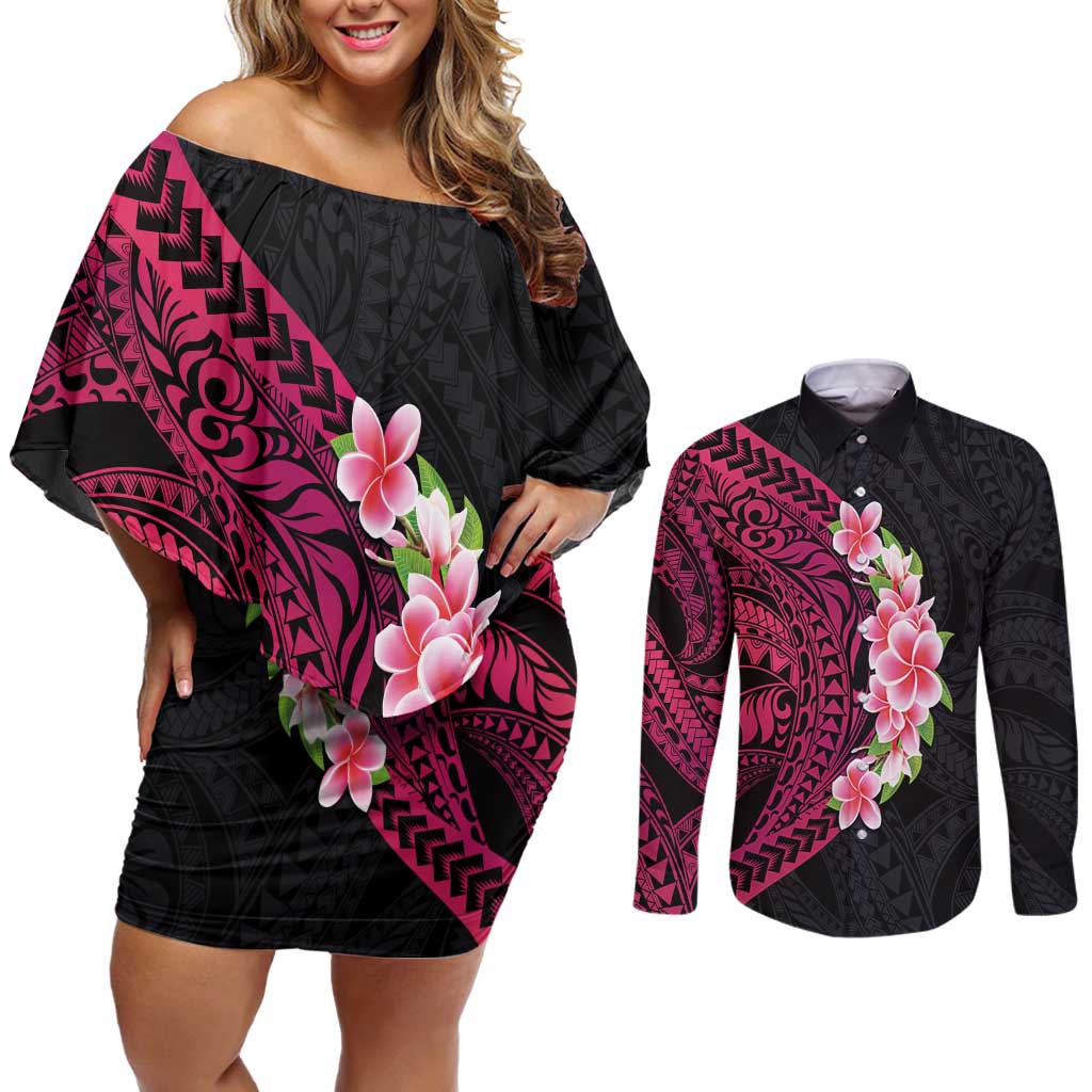 Hawaiian Tropical Plumeria Art Polynesian Tattoo Couples Matching Off Shoulder Short Dress and Long Sleeve Button Shirt Black and Bright Pink Color