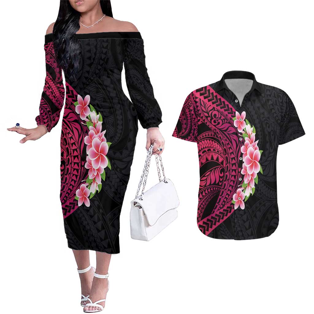 Hawaiian Tropical Plumeria Art Polynesian Tattoo Couples Matching Off The Shoulder Long Sleeve Dress and Hawaiian Shirt Black and Bright Pink Color