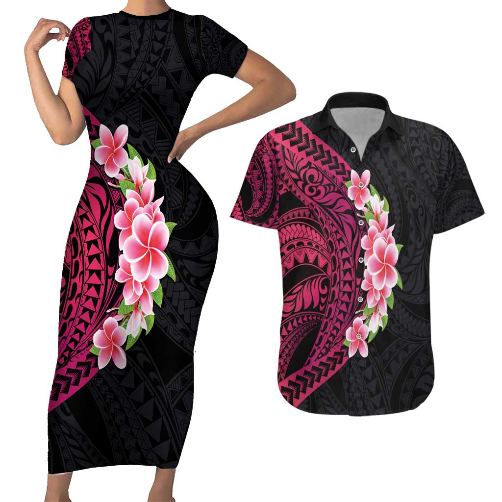 Hawaiian Tropical Plumeria Art Polynesian Tattoo Couples Matching Short Sleeve Bodycon Dress and Hawaiian Shirt Black and Bright Pink Color LT03 Pink - Polynesian Pride