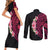 Hawaiian Tropical Plumeria Art Polynesian Tattoo Couples Matching Short Sleeve Bodycon Dress and Long Sleeve Button Shirt Black and Bright Pink Color