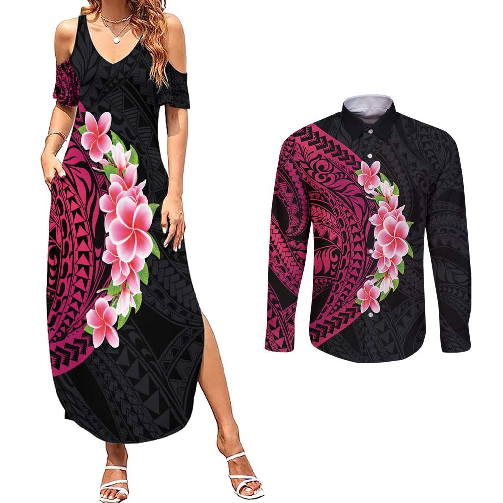 Hawaiian Tropical Plumeria Art Polynesian Tattoo Couples Matching Summer Maxi Dress and Long Sleeve Button Shirt Black and Bright Pink Color