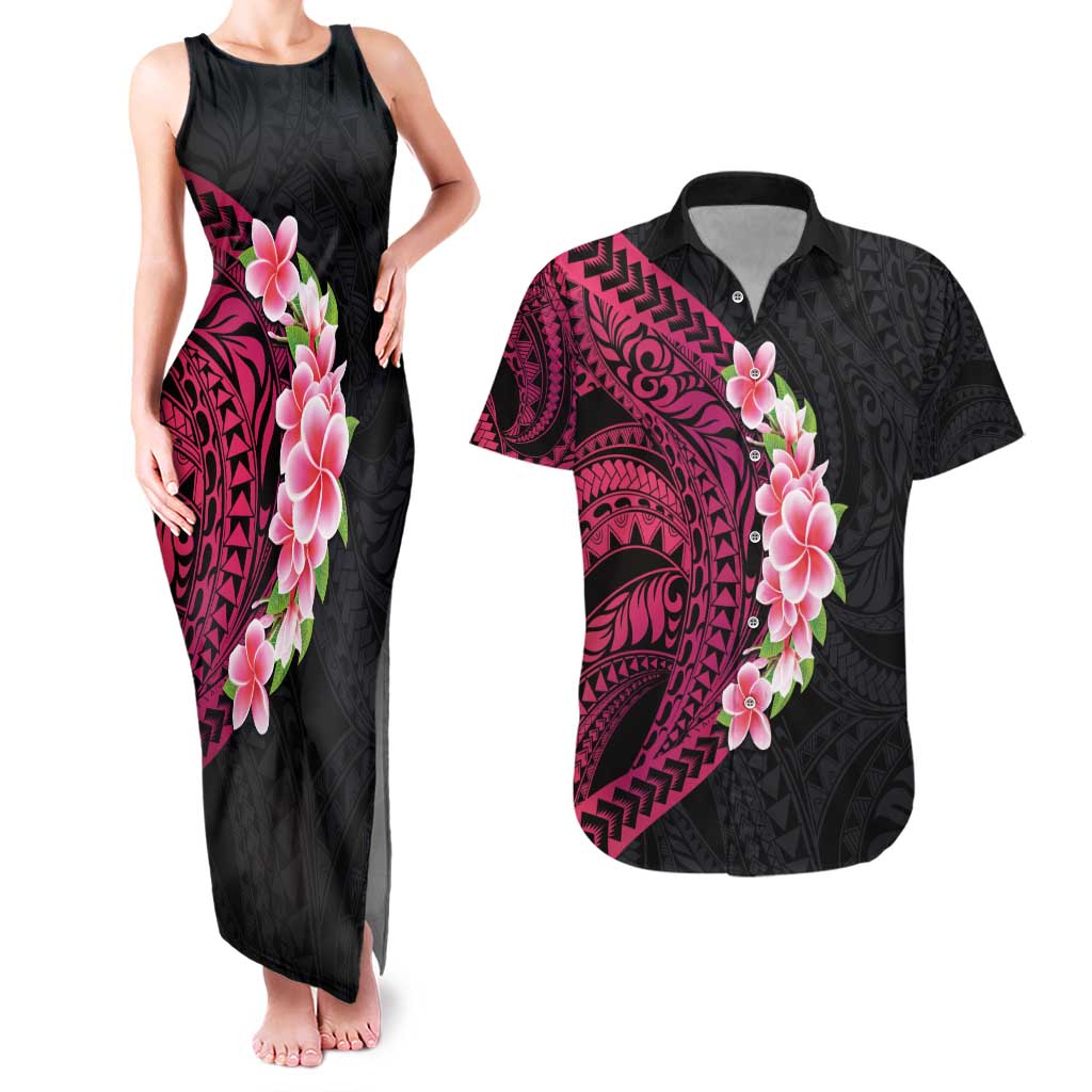 Hawaiian Tropical Plumeria Art Polynesian Tattoo Couples Matching Tank Maxi Dress and Hawaiian Shirt Black and Bright Pink Color