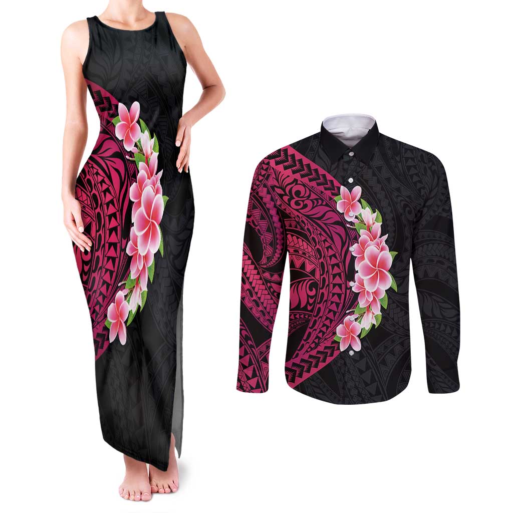 Hawaiian Tropical Plumeria Art Polynesian Tattoo Couples Matching Tank Maxi Dress and Long Sleeve Button Shirt Black and Bright Pink Color