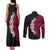 Hawaiian Tropical Plumeria Art Polynesian Tattoo Couples Matching Tank Maxi Dress and Long Sleeve Button Shirt Black and Bright Pink Color