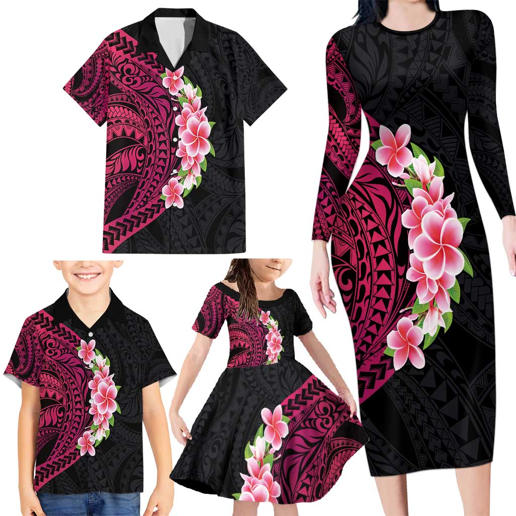 Hawaiian Tropical Plumeria Art Polynesian Tattoo Family Matching Long Sleeve Bodycon Dress and Hawaiian Shirt Black and Bright Pink Color LT03 - Polynesian Pride